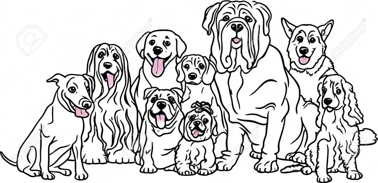Black and White Cartoon Illustration von Funny reinrassige Hunde oder Welpen Gruppe für Malbuch