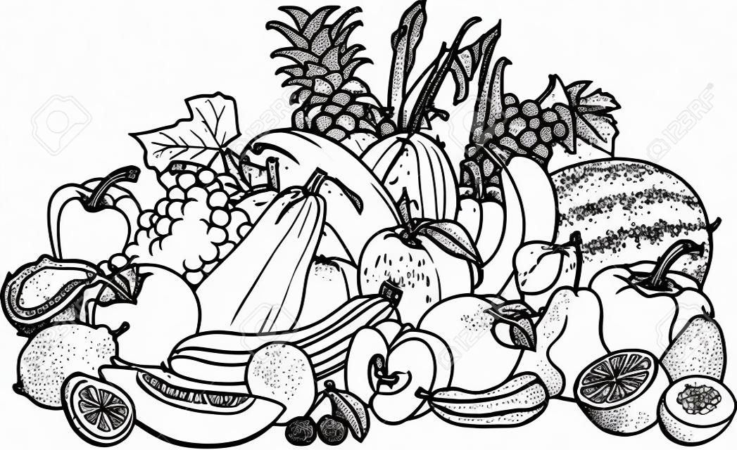 水果和蔬菜的圖畫書大集團食品設計的黑色和白色的漫畫插圖