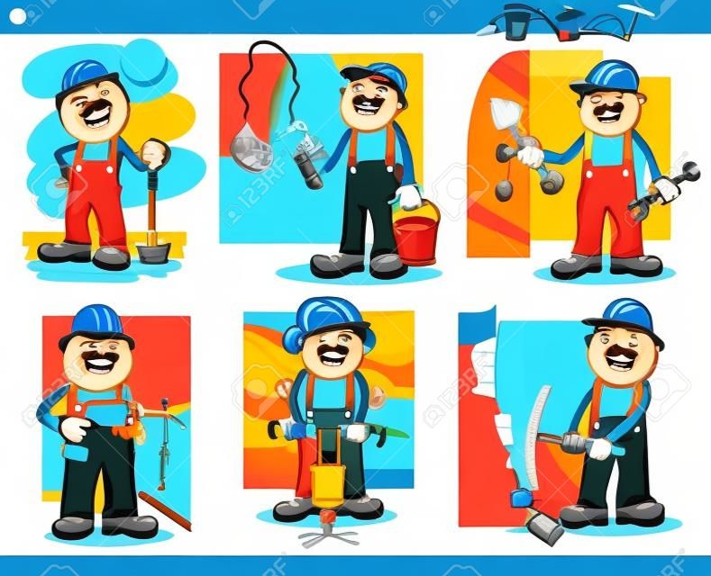 Cartoon Illustration of Funny Manual Workers or Workmen at Work Characters Set