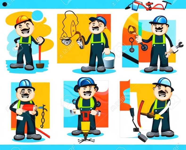 Cartoon Illustration of Funny Manual Workers or Workmen at Work Characters Set