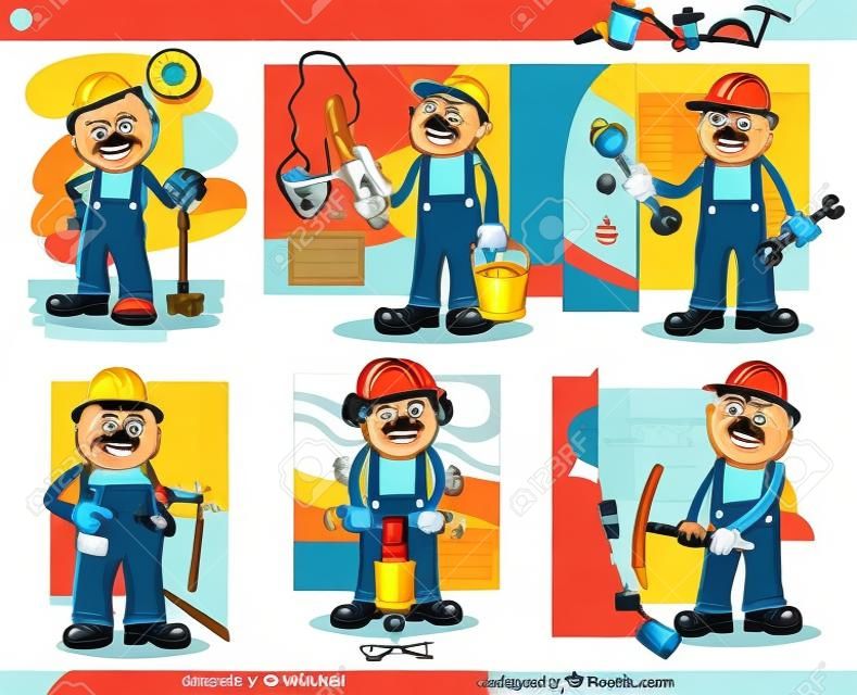 滑稽的體力勞動者或工人在工作人物卡通插圖集