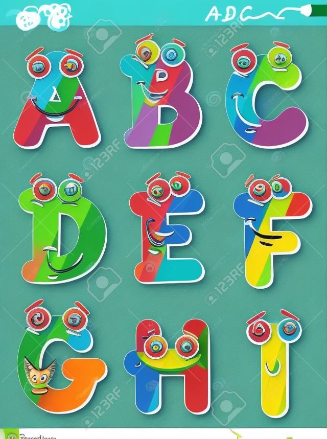 Cartoon Illustration von Funny Großbuchstaben Alphabet von A bis I für Kinder Bildung