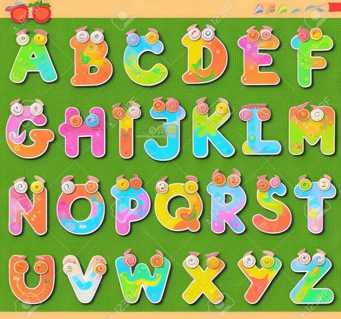 Ilustração dos desenhos animados do alfabeto de letras maiúsculas engraçado para educação de crianças