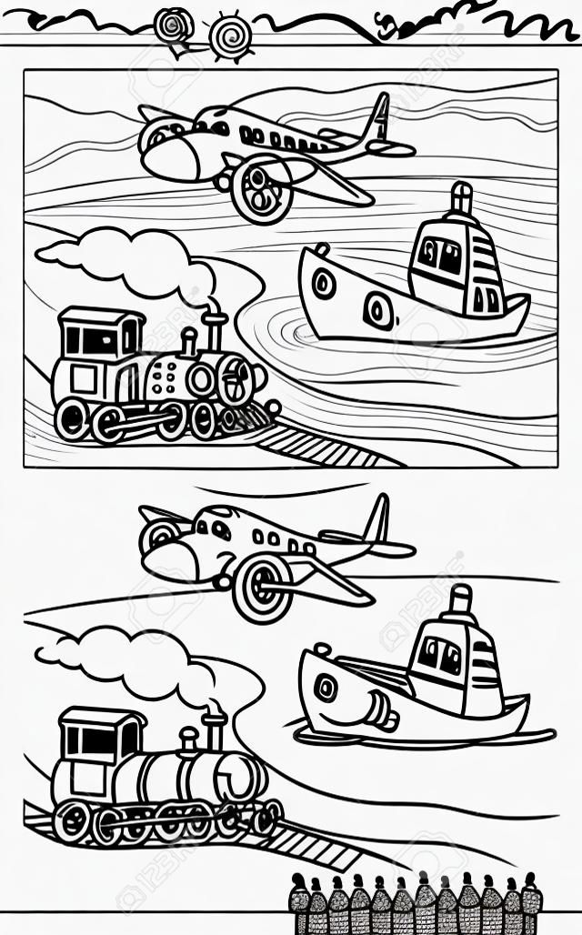 Kleurenboek of Page Cartoon Illustratie van Schattige Vliegtuig en Trein en Scheepstransport Comic Characters voor Kinderen
