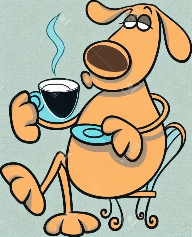 Cartoon Illustration of Funny Dog Character Drinking Coffee
