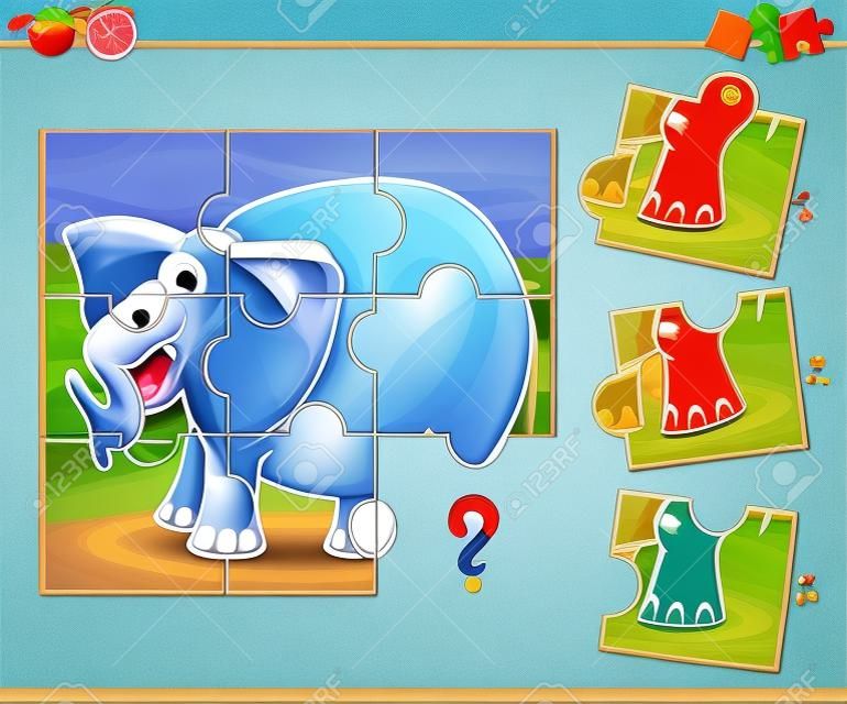 拼圖教育遊戲的卡通插圖為學前兒童與大象
