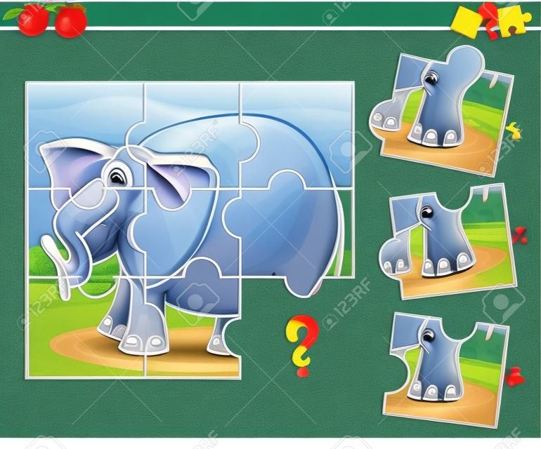 拼圖教育遊戲的卡通插圖為學前兒童與大象