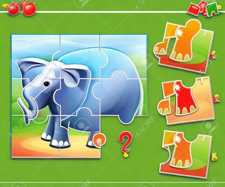 Fil ile Okul Öncesi Çocuklar İçin Puzzle Eğitim Oyunu Karikatür İllüstrasyon