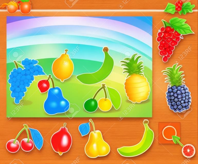 Meyve ile Okul Öncesi Çocuklar İçin Eğitim Oyunu Karikatür İllüstrasyon