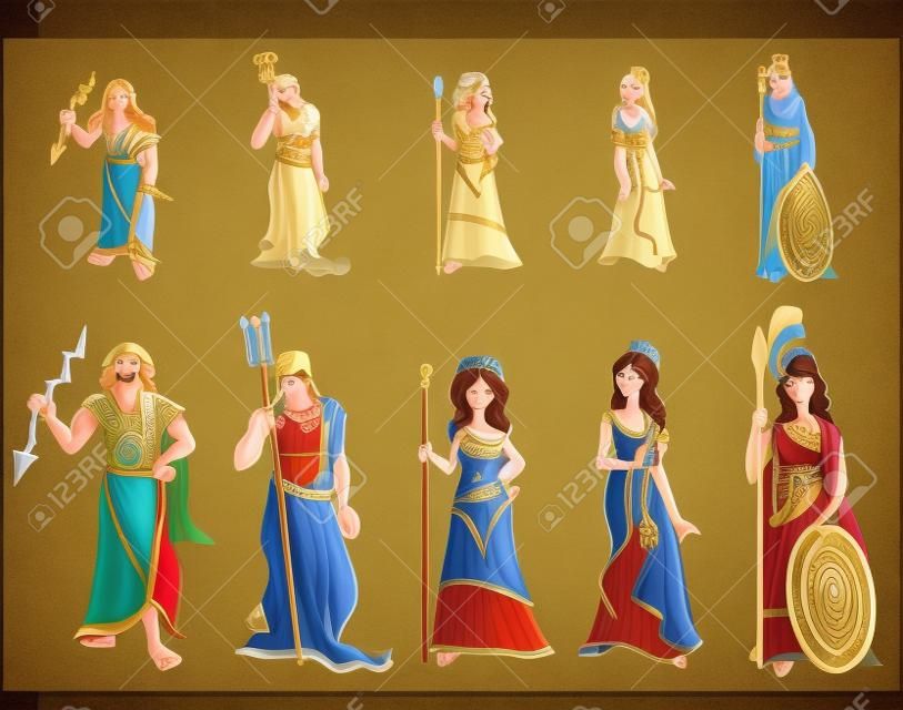 Cartoon Illustratie van mythologische Griekse goden en godinnen set