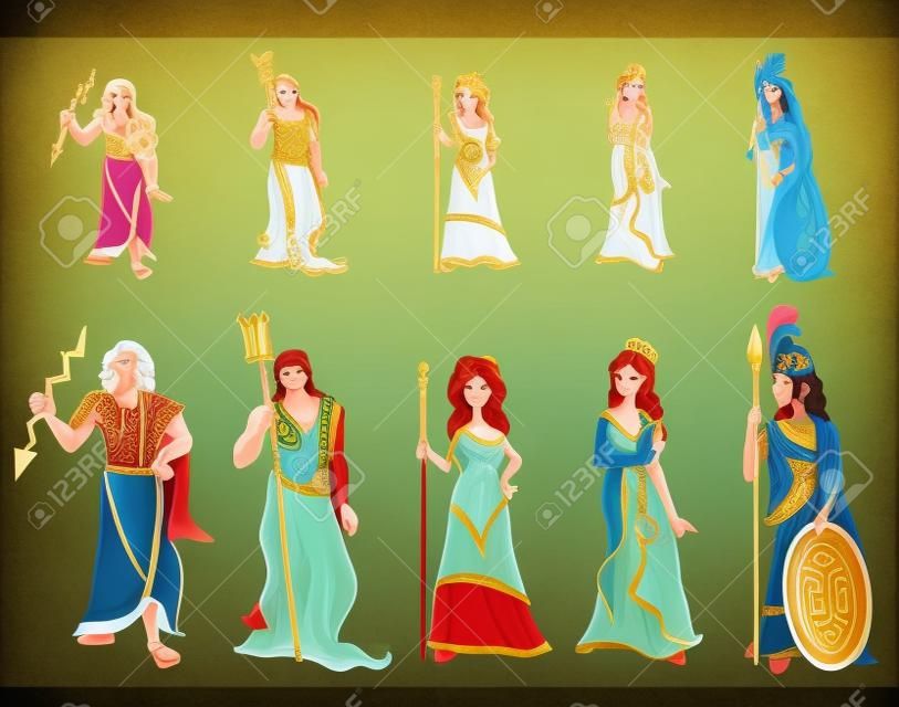 신화 그리스어 신들과 여신 세트의 만화 그림