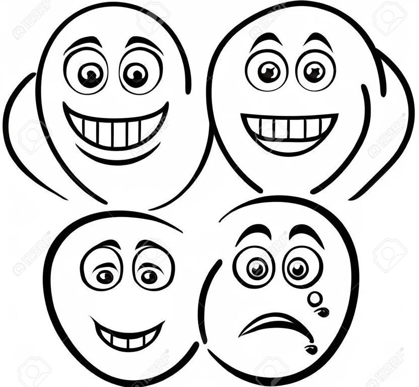 Ilustración de dibujos animados Blanco y Negro de Emoticon o emociones como triste o feliz