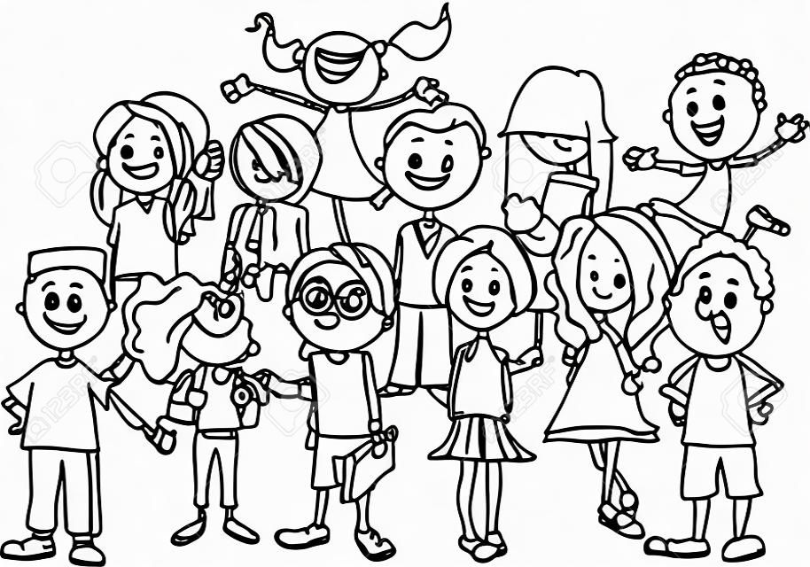 Fekete-fehér rajzfilm illusztrációja általános iskolás korú gyermek, vagy tini karakterek Group kifestőkönyv