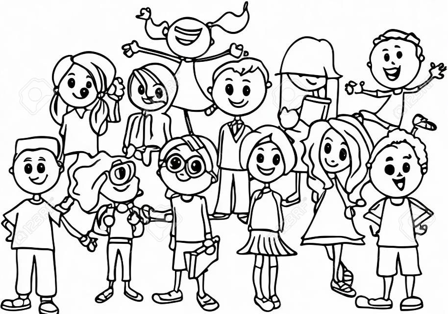 Fekete-fehér rajzfilm illusztrációja általános iskolás korú gyermek, vagy tini karakterek Group kifestőkönyv