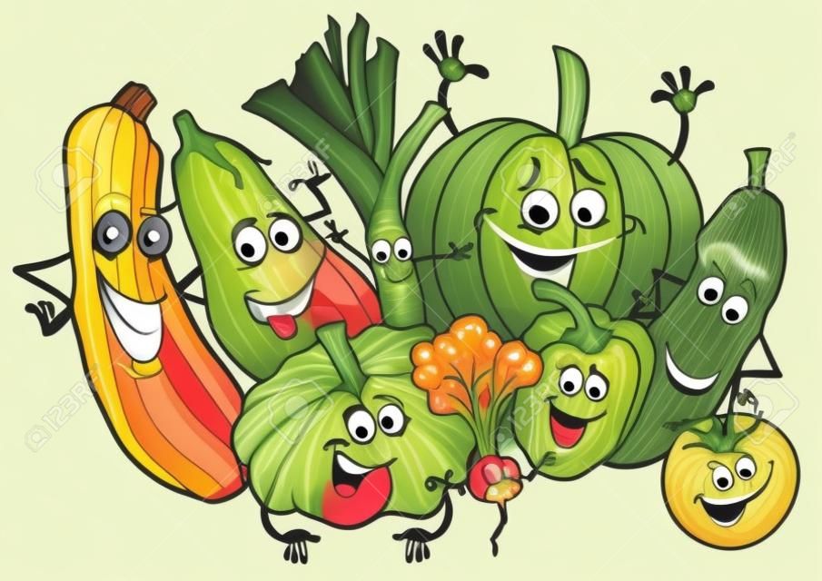 Illustrazione del fumetto del gruppo divertente dei caratteri dell'alimento delle verdure