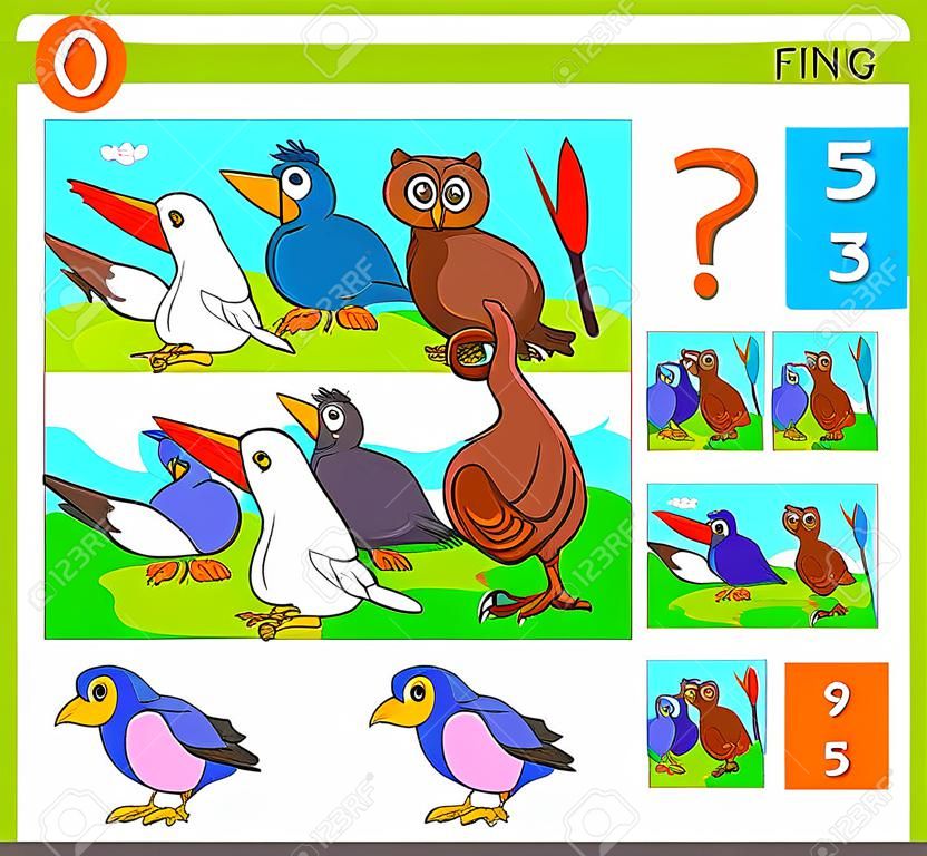Ilustración de dibujos animados de encontrar diferencias entre imágenes de juegos de actividades educativas para niños con grupos de personajes de animales de aves.