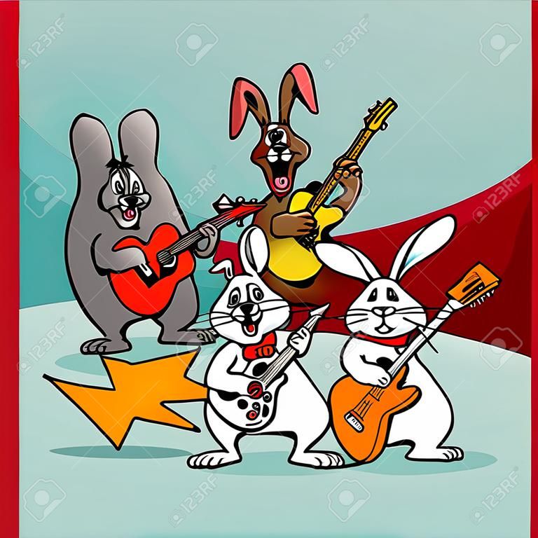 Karikatur-Illustration der lustigen Kaninchen-Rock-and-Rollmusiker-Band.