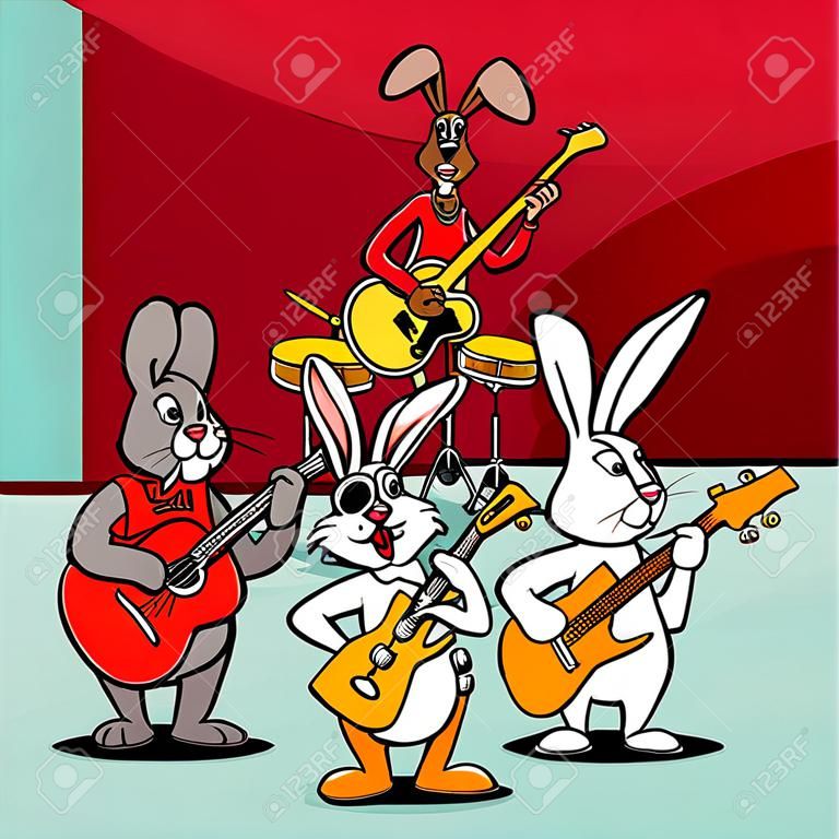 Cartoon Illustration of Funny Rabbits Rock and Roll Musicians Band.