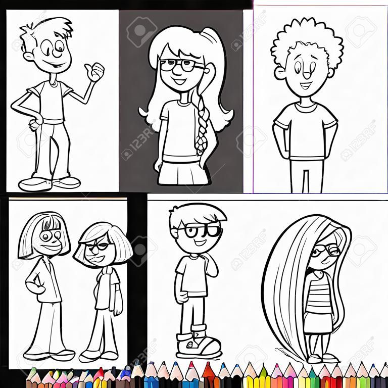 Black and White Cartoon Illustration of Teens and Children Characters Set Coloring Book