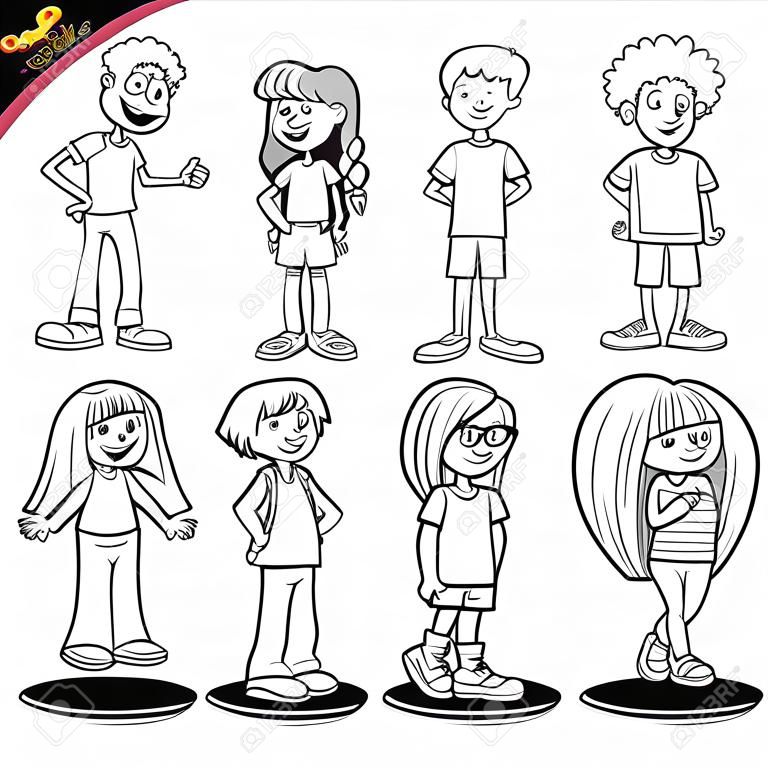 Black and White Cartoon Illustration of Teens and Children Characters Set Coloring Book