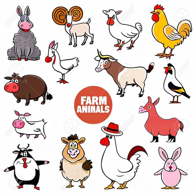 Ilustracja kreskówka zabawnych znaków zwierząt gospodarskich duży zestaw