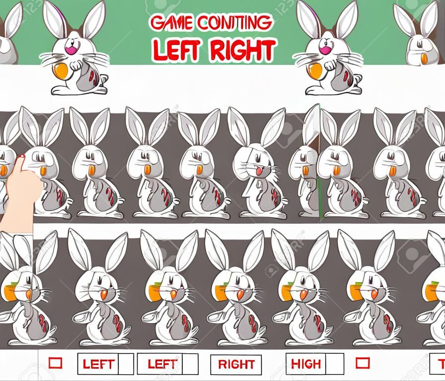 Ilustración de dibujos animados del juego educativo de contar imágenes orientadas a la izquierda y a la derecha del personaje de conejito de Pascua
