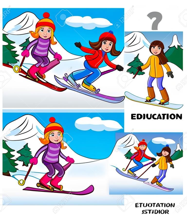 Illustration de dessin animé de trouver des différences entre les images jeu éducatif pour les enfants avec trois filles sur le ski en hiver