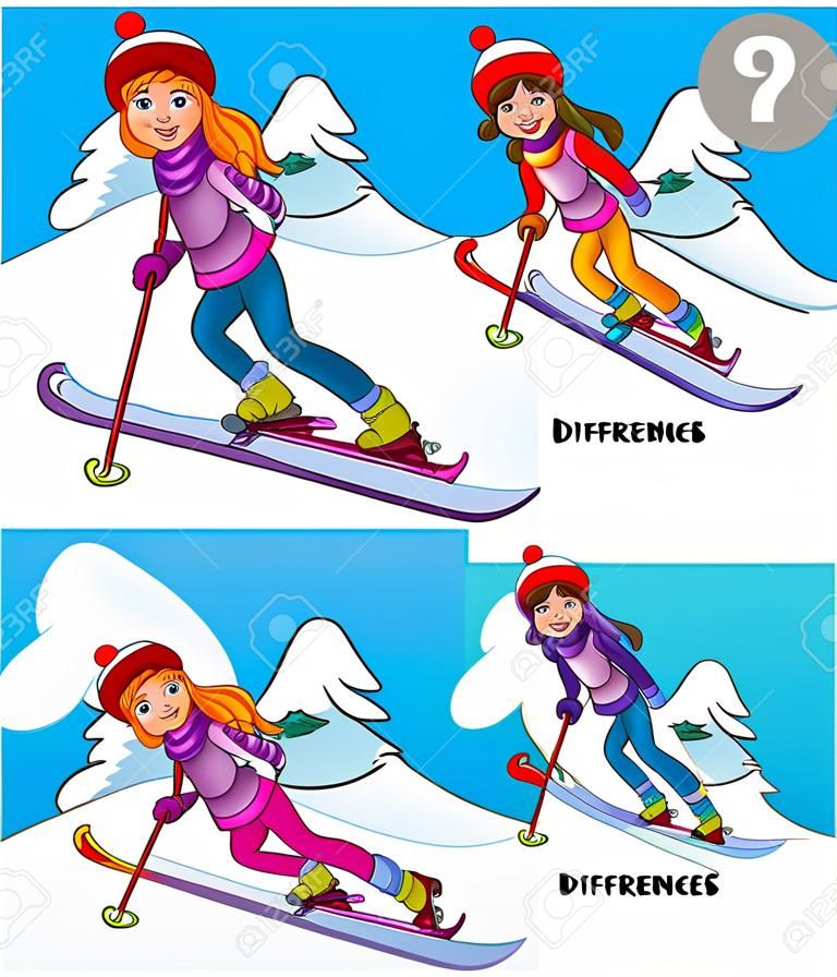 Ilustración de dibujos animados de encontrar diferencias entre imágenes Juego educativo para niños con tres niñas en esquí durante el invierno