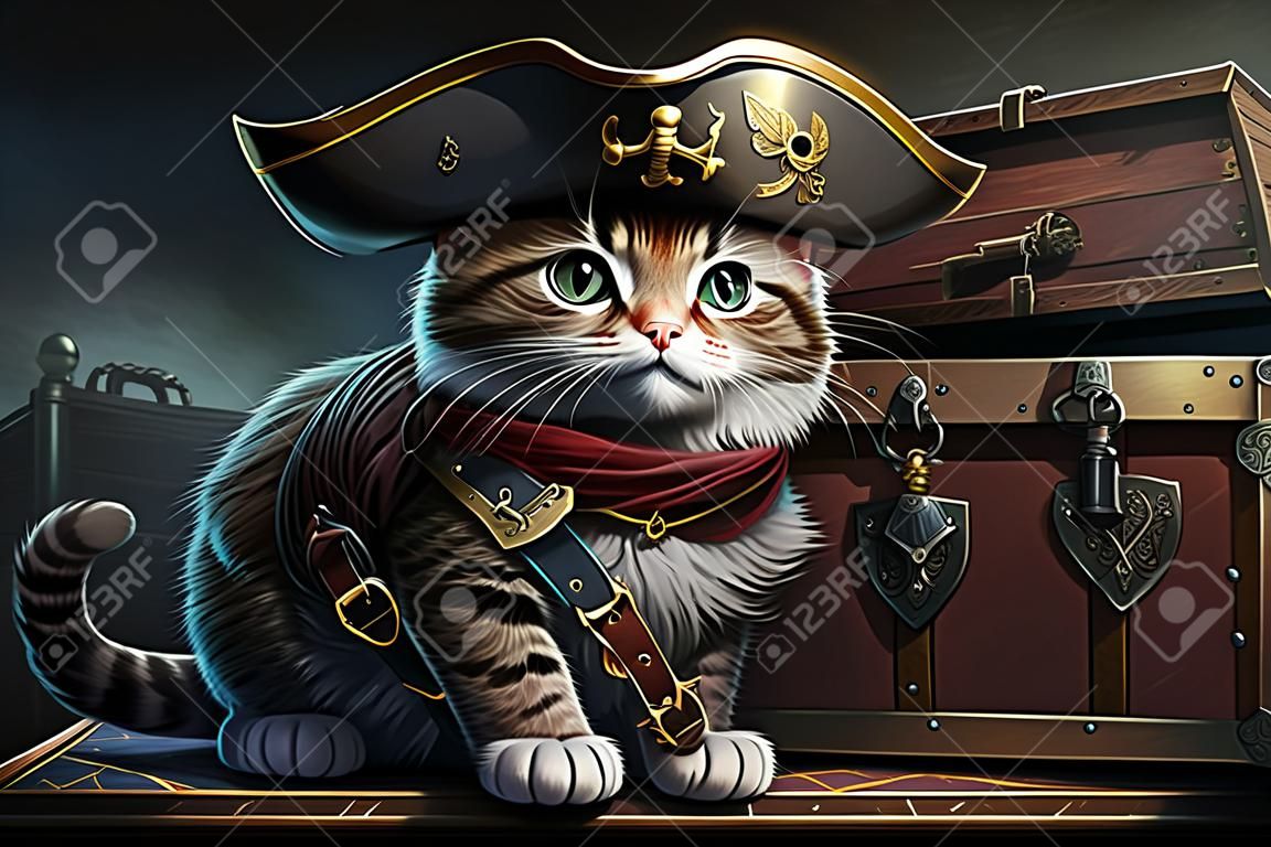 Un chat pirate avec un chapeau sur un coffre au trésor illustration générative ai illustration générative ai