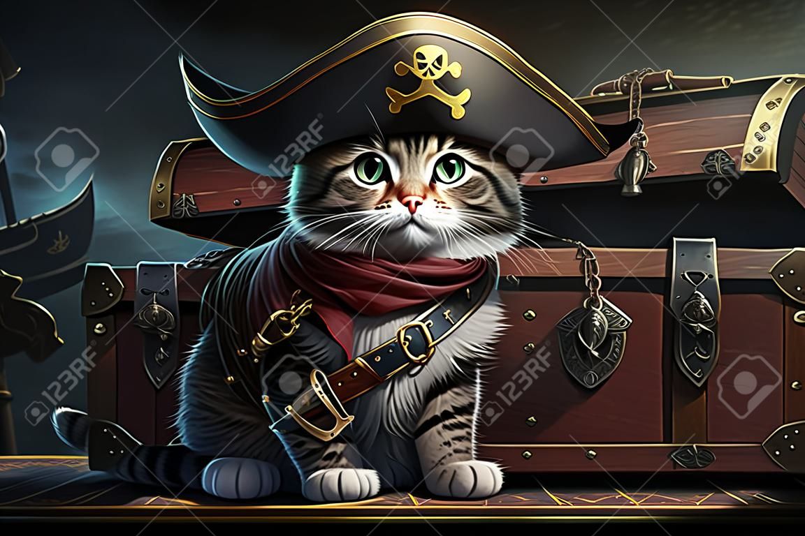 Um gato pirata com chapéu no tesouro peito ilustração generative ai ilustração generative ai