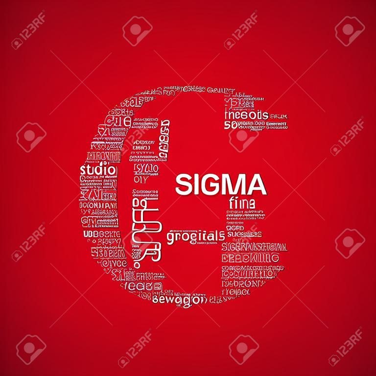 Six sigma diagonal typography background. Red background with main title 6 sigma filled by other words related with six sigma method