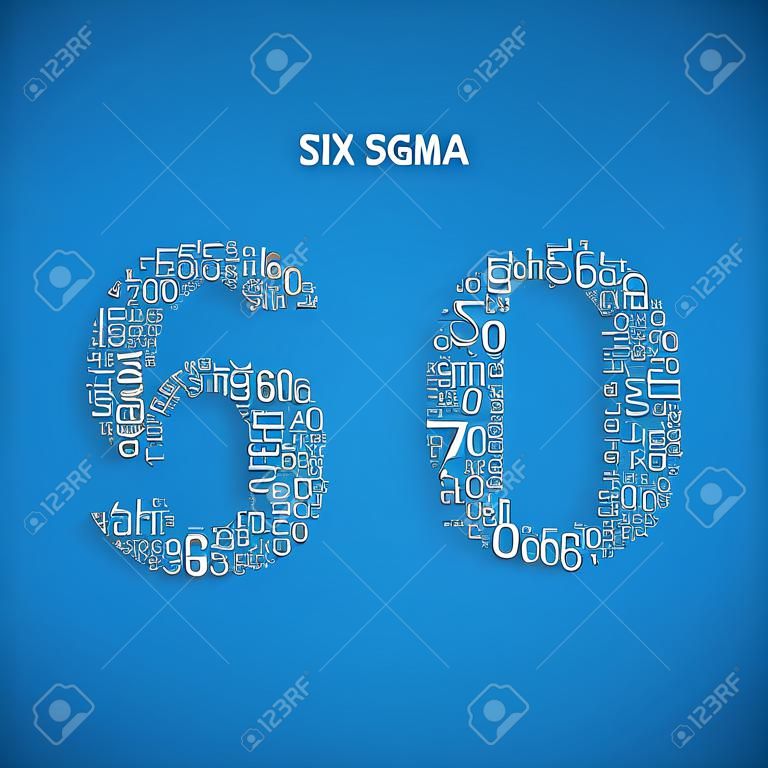 Six sigma typographie diagonale arrière-plan. Fond bleu avec titre principal 6 sigma rempli par d'autres termes en rapport avec six méthode sigma