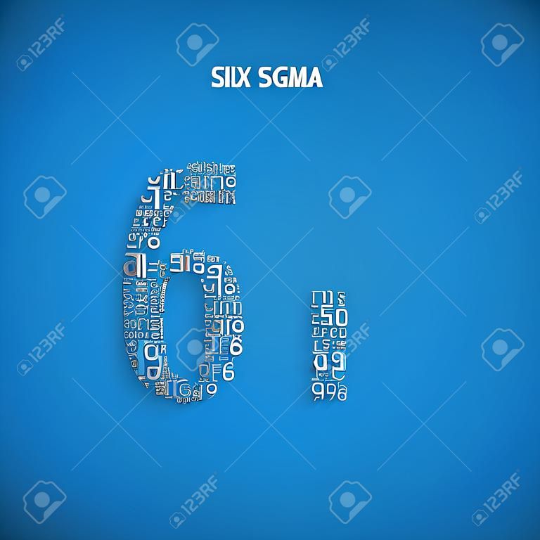 Six sigma typographie diagonale arrière-plan. Fond bleu avec titre principal 6 sigma rempli par d'autres termes en rapport avec six méthode sigma