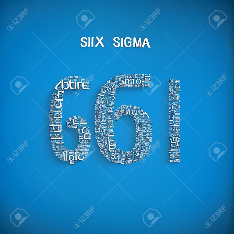 Six sigma diagonal typography background. Blue background with main title 6 sigma filled by other words related with six sigma method