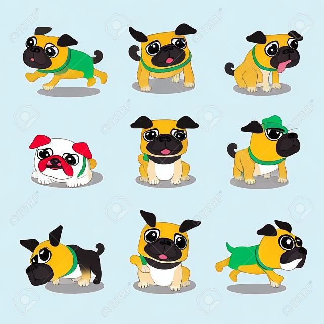 Cartoon karakter pug hond poses