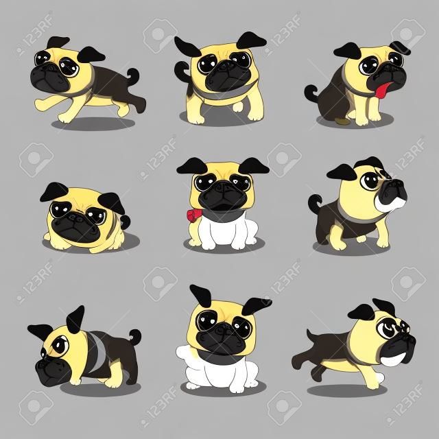 Cartoon karakter pug hond poses
