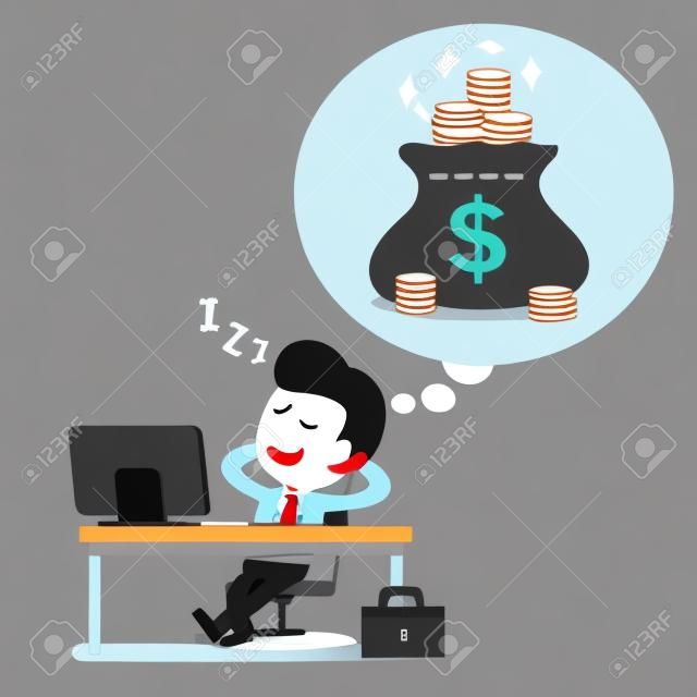Cartoon Geschäftsmann Einschlafen und Träumen über Geld