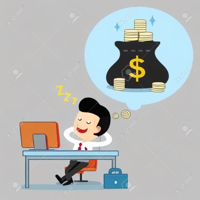 Cartoon Geschäftsmann Einschlafen und Träumen über Geld