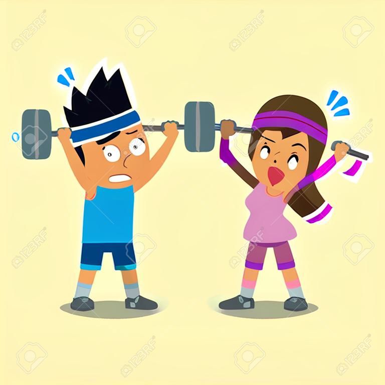 Cartoon man and woman doing weight training