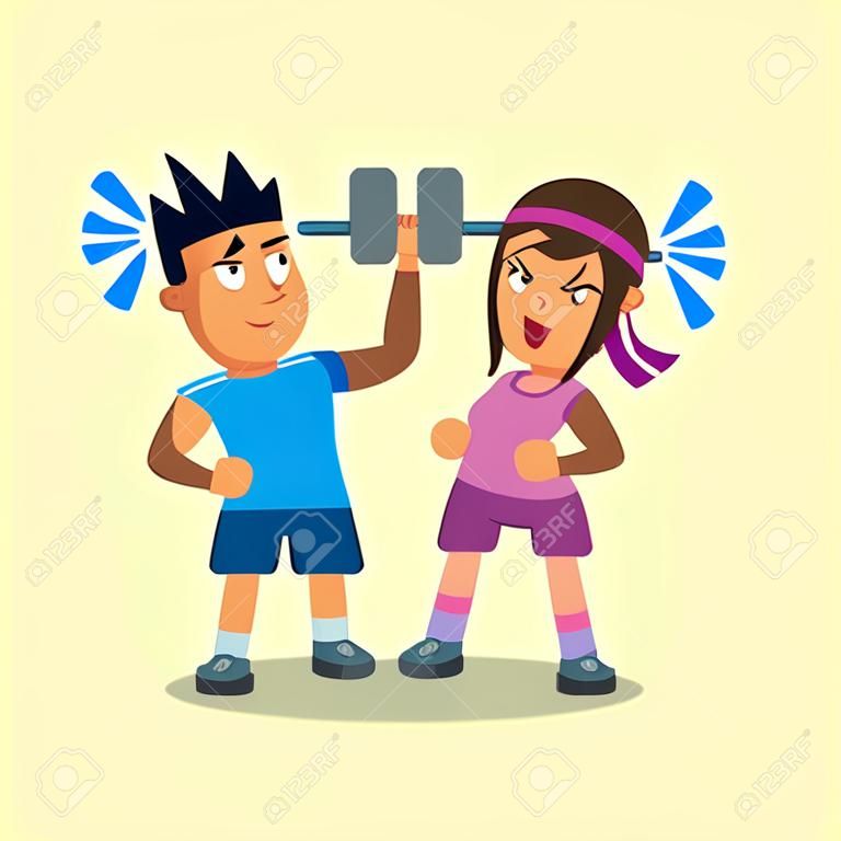 Cartoon man and woman doing weight training