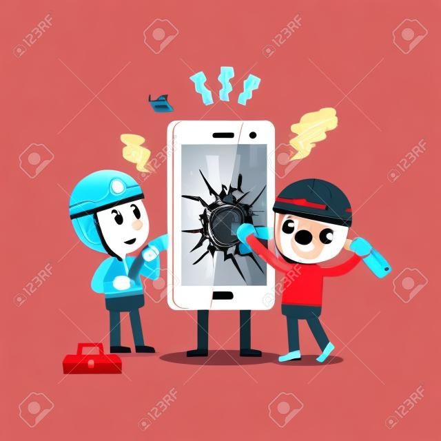 Cartoon techników naprawy uszkodzonego smartfona