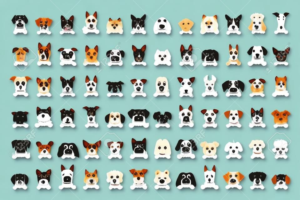 Diversi tipi di facce di cane dei cartoni animati vettoriali per il design.