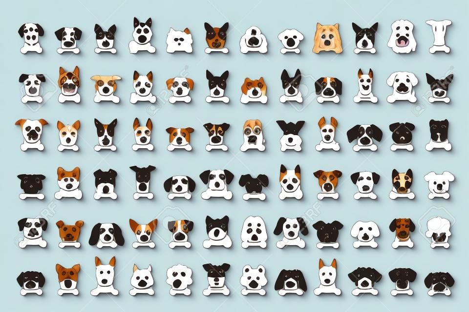 Diversi tipi di facce di cane dei cartoni animati vettoriali per il design.