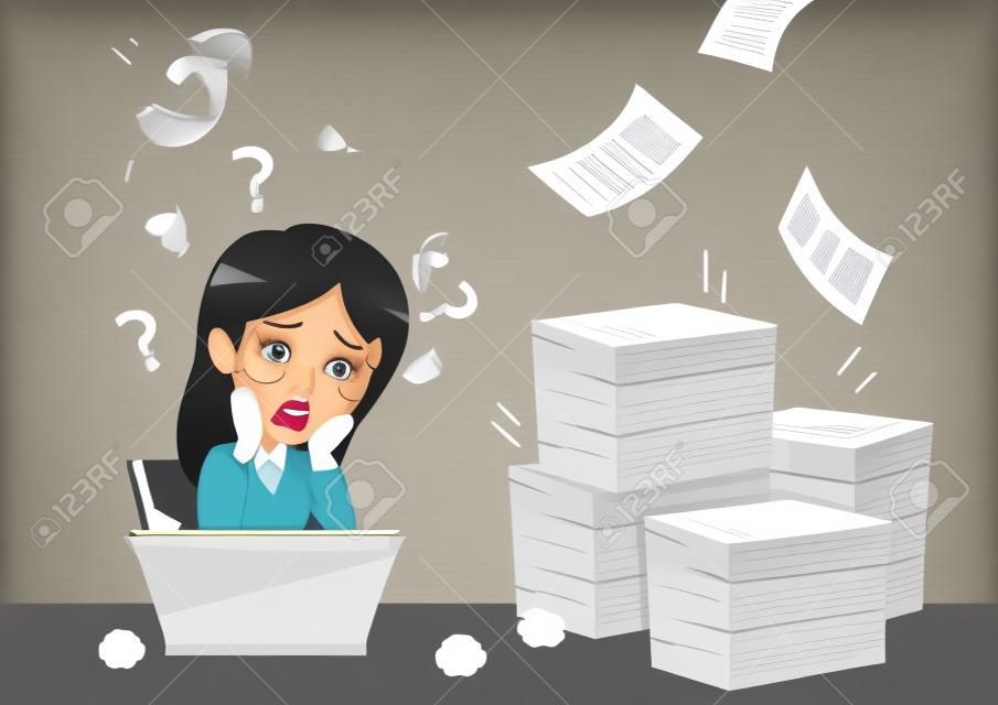 Cartoon businesswoman with a lot of paperwork for design.