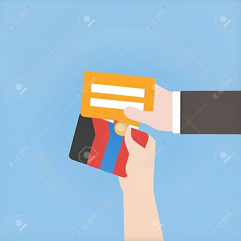 Mão de homem de negócios segurando o cartão de crédito, formato vetorial eps10, design plano