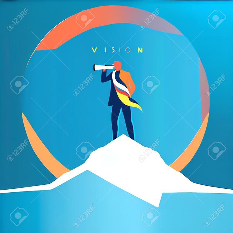 Businessman looking through binoculars standing on a mountain graph, vision concept illustration.
