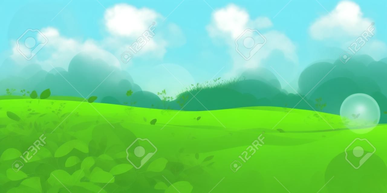 background, clouds, early summer, eco, fresh green, grass, green, illustration, landscape, leaves, material, plants, sky, spring, vector