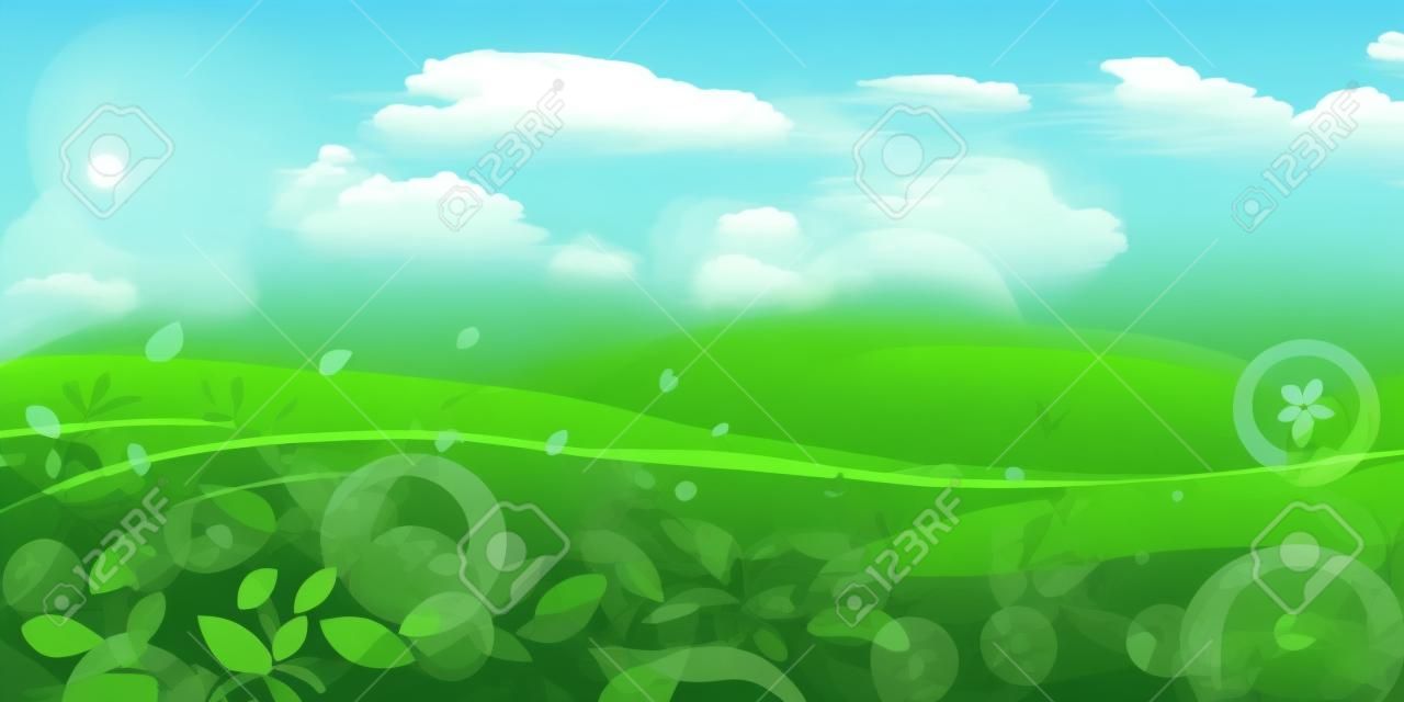 background, clouds, early summer, eco, fresh green, grass, green, illustration, landscape, leaves, material, plants, sky, spring, vector
