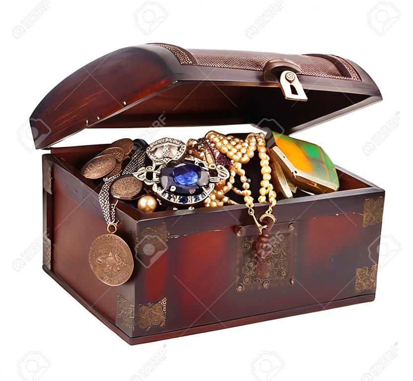 wooden treasure chest with jewellery, isolated over white background