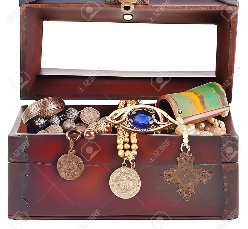 wooden treasure chest with jewellery, isolated over white background